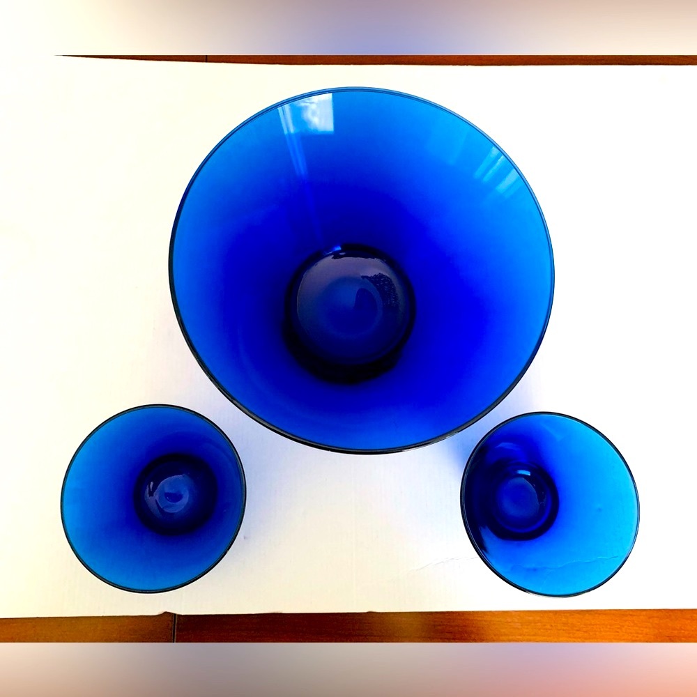 Cobalt blue glass bowls 3 Pc Set 10” in Large Deep Serving Bowl 5”in salad Bowls